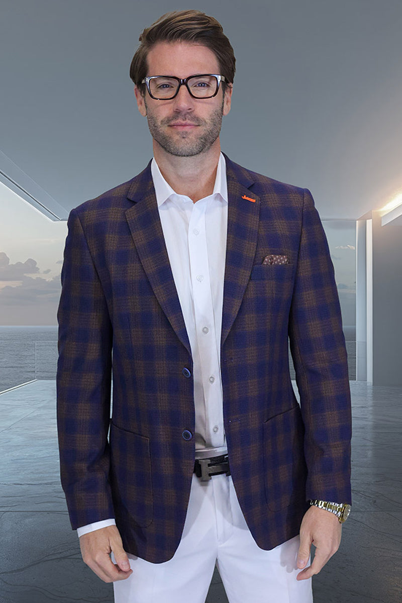 Men's Modern Fit Patch Pocket Designer Wool Summer Blazer in Navy Windowpane Plaid - 36 Short