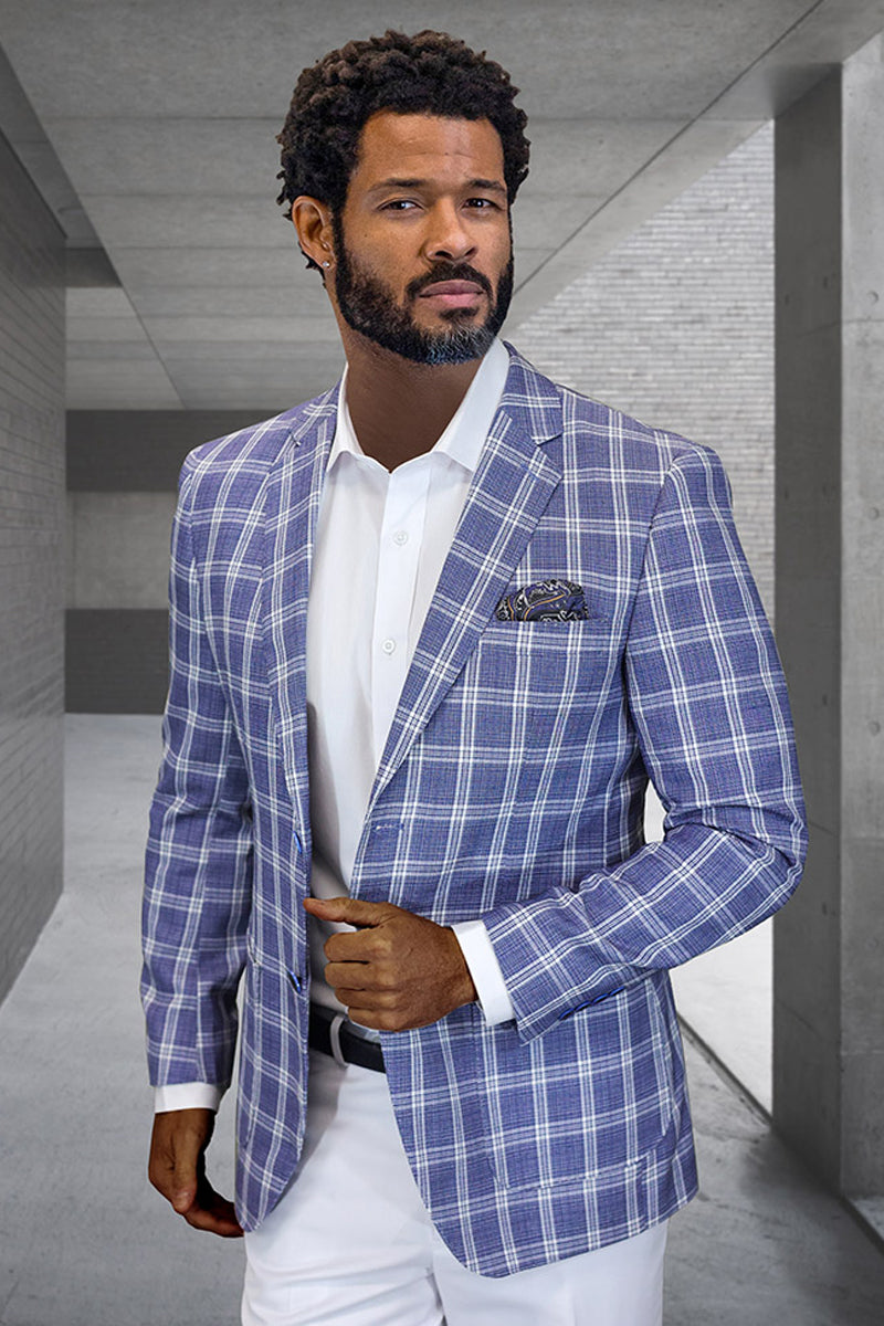 Men's Modern Fit Patch Pocket Designer Wool Summer Blazer in Blue Windowpane Plaid - 36 Short