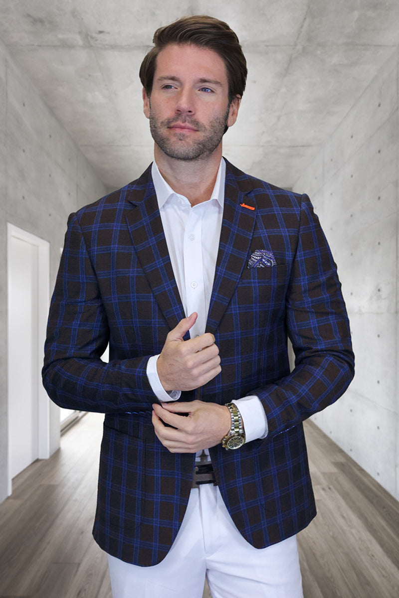 Men's Modern Fit Patch Pocket Designer Wool Summer Blazer in Brown Plaid - 36 Short