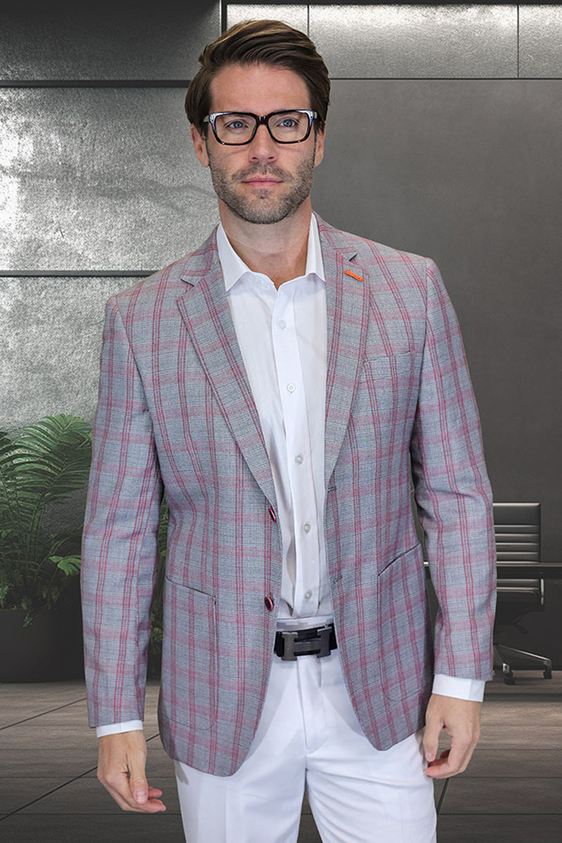 Men's Modern Fit Patch Pocket Designer Wool Summer Blazer in Grey Plaid - 36 Short