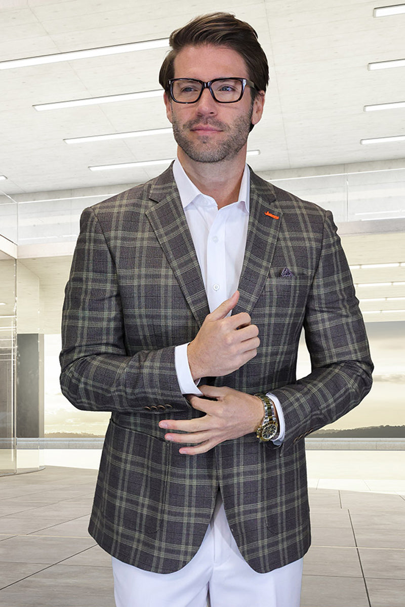 Men's Modern Fit Patch Pocket Designer Wool Summer Blazer in Brown Windowpane Plaid - 36 Short