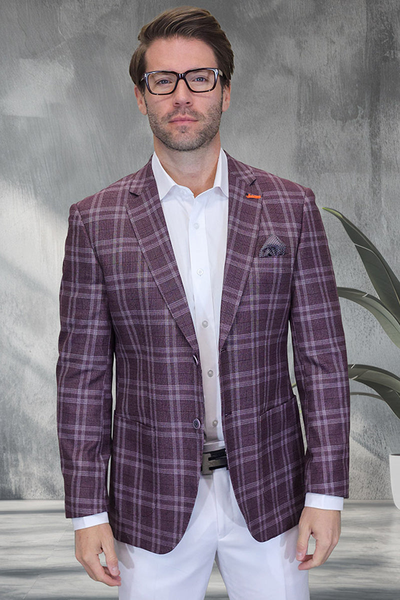 Men's Modern Fit Patch Pocket Designer Wool Summer Blazer in Burgundy Windowpane Plaid - 36 Short