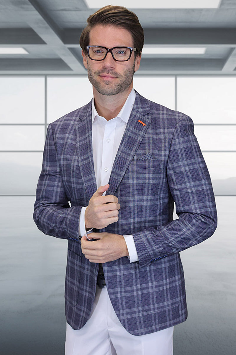 Men's Modern Fit Patch Pocket Designer Wool Summer Blazer in Eggplant Windowpane Plaid - 36 Short