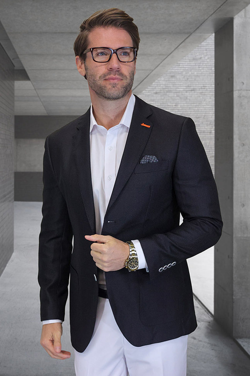 Men's Modern Fit Patch Pocket Designer Wool Summer Blazer in Black Windowpane Check - 36 Short