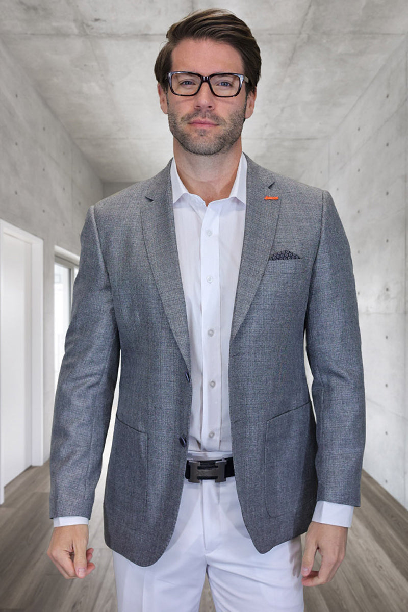 Men's Modern Fit Patch Pocket Designer Wool Summer Blazer in Grey Windowpane Check - 36 Short