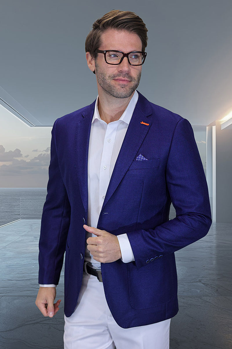 Men's Modern Fit Patch Pocket Designer Wool Summer Blazer in Sapphire Blue Windowpane Plaid - 36 Short