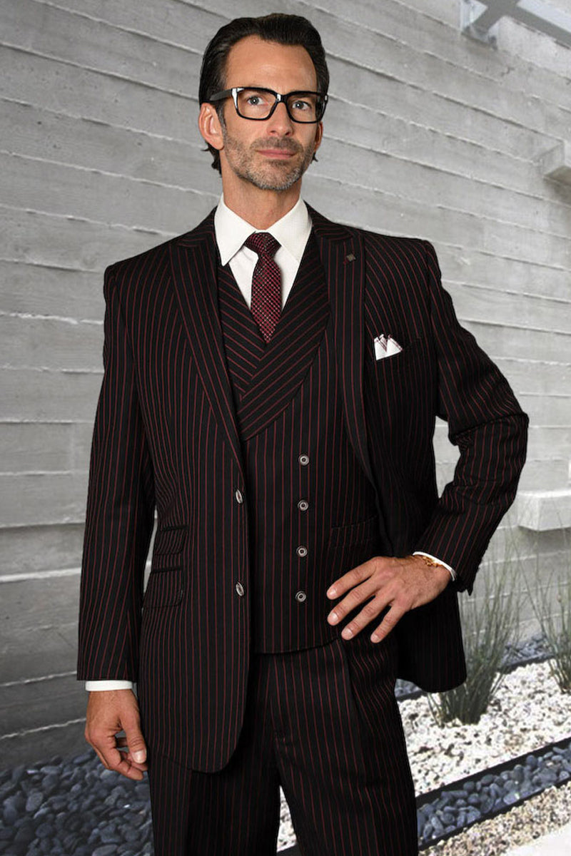 Men's Designer Wool Pleated Pant Vested Suit in Bold Black & Red Gangster Pinstripe - 36 Short