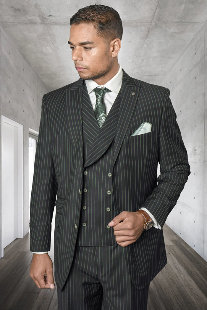 Mens Hunter Green Suit - Mens Designer Wool Pleated Pant Vested Suit in Bold Hunter Green Gangster Pinstripe