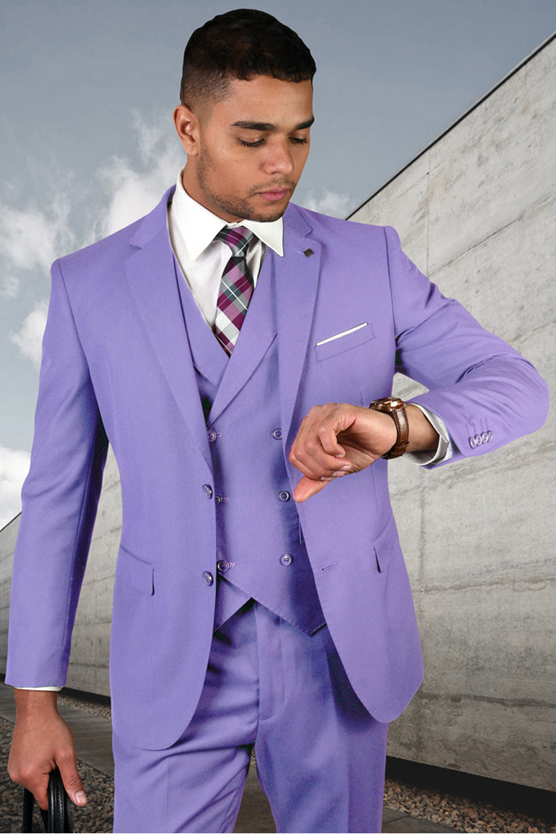 Men's Designer Modern Fit Double Breasted Vest Wool Wedding Suit in Lavender - 36 Short