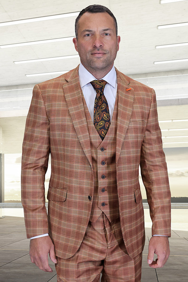 Men's Designer Two Button Modern Fit Vested Wool Suit in Rust Glen Plaid - 36 Short