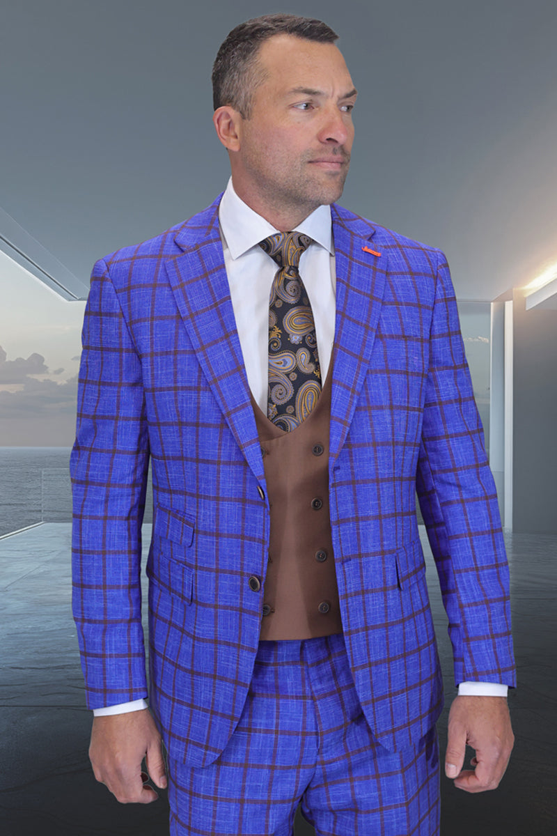 Men's Designer Two Button Wool Suit with Double Breasted Scoop Vest in Sapphire Blue Windowpane - 36 Short