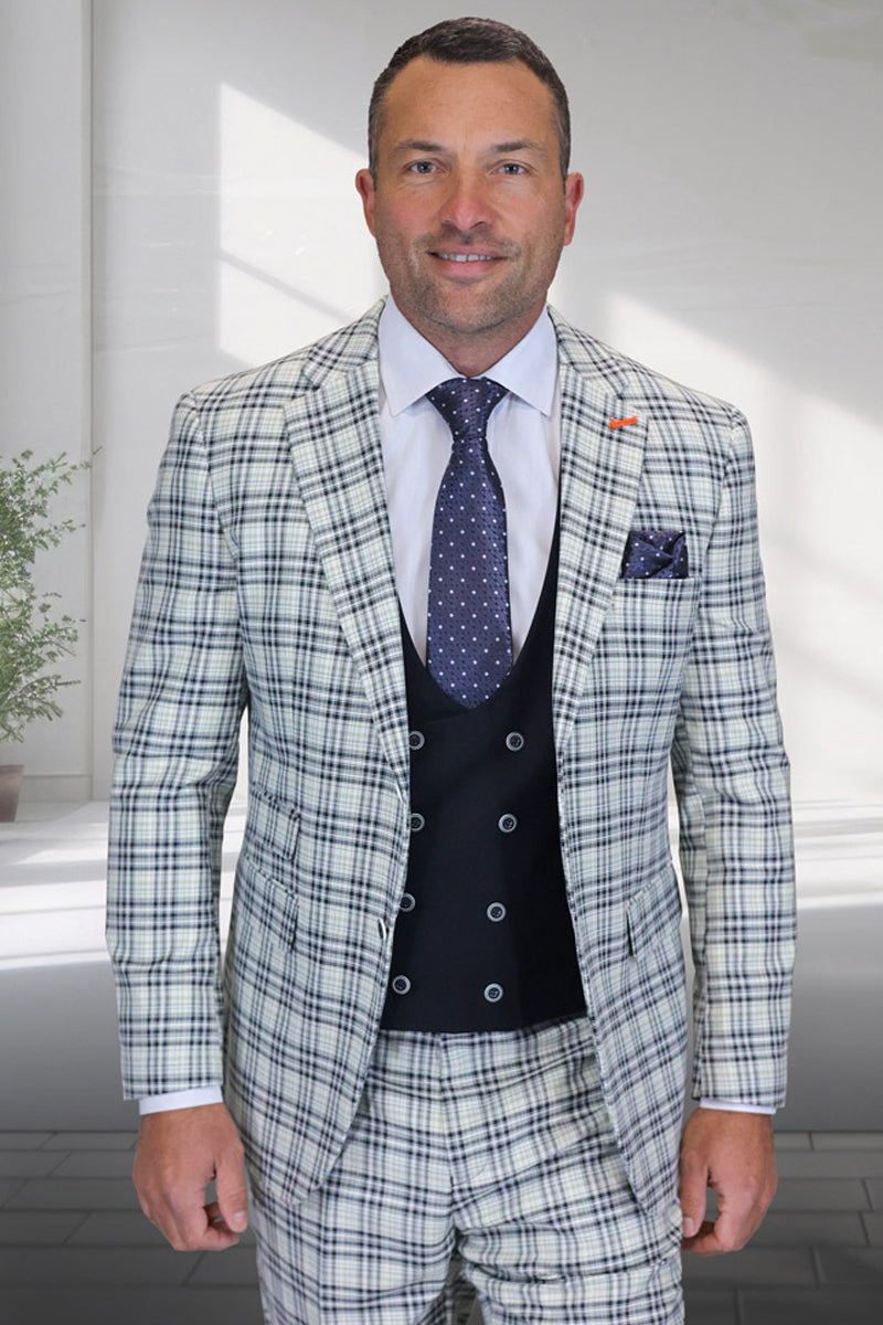 Men's Designer Two Button Wool Suit with Double Breasted Scoop Vest in Natural Grey Blue Windowpane - 36 Short