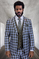 Men's Designer Modern Fit Wool Suit in Blue Plaid with Contrasting Vest
