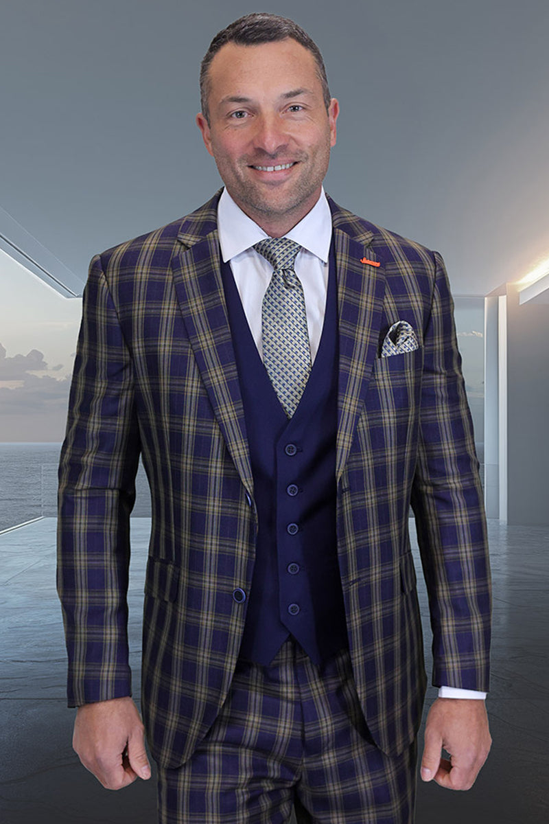 Men's Designer Modern Fit Wool Suit in Midnight Blue & Tan Plaid with Contrasting Vest - 36 Short