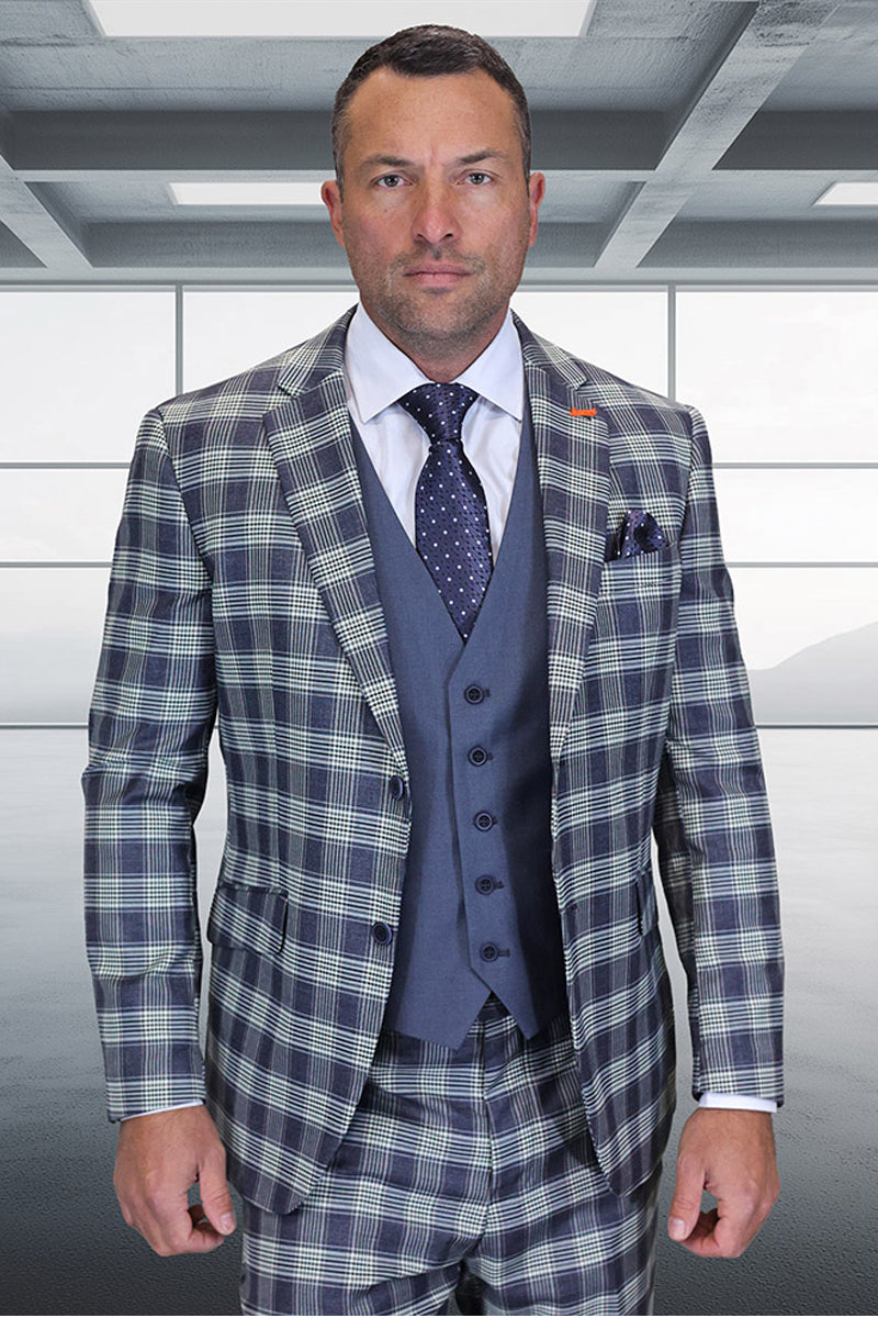Men's Designer Modern Fit Wool Suit in Grey Plaid with Contrasting Vest - 36 Short