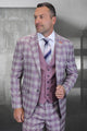 Men's Designer Modern Fit Wool Suit in Mauve Pink & Lavender Plaid with Contrasting Vest