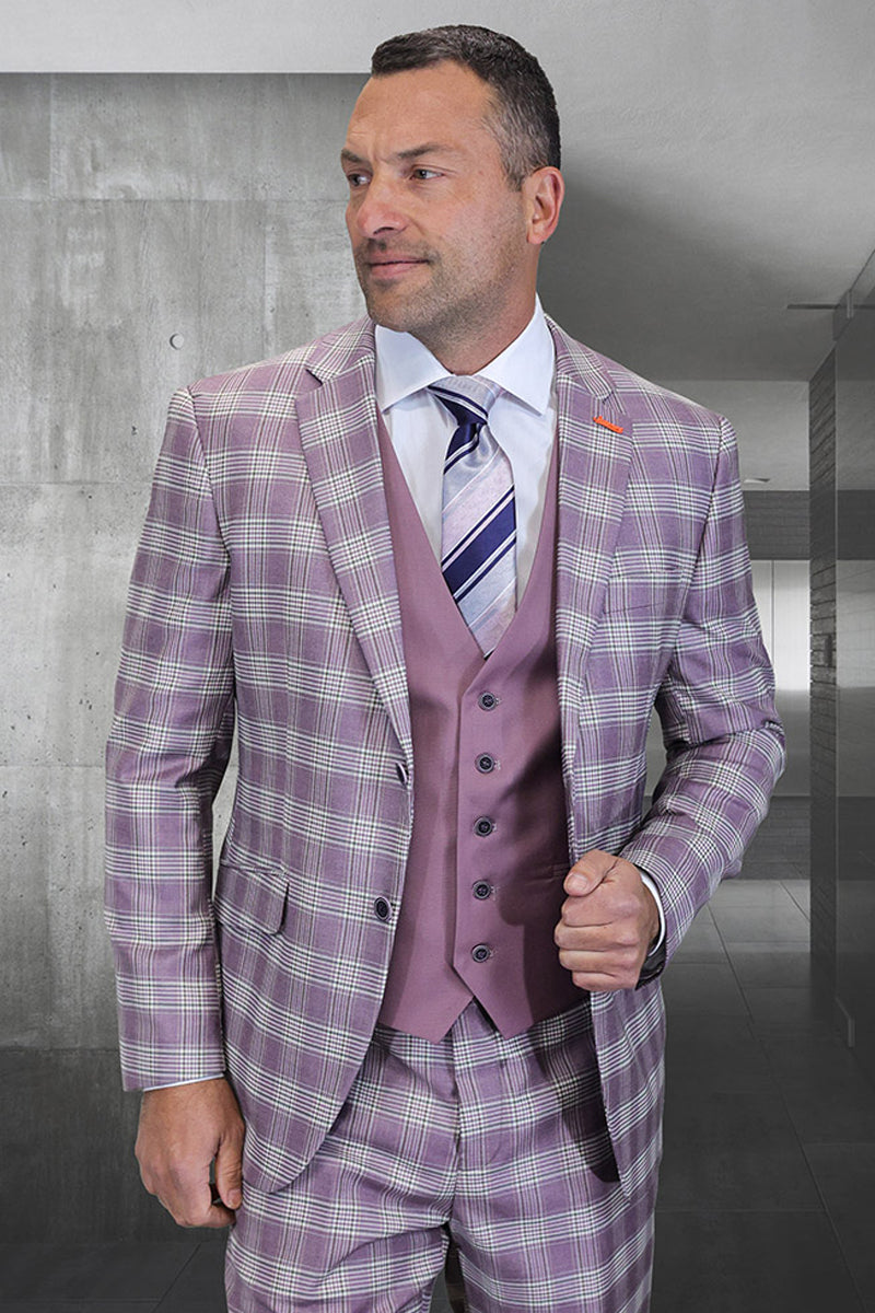 Men's Designer Modern Fit Wool Suit in Mauve Pink & Lavender Plaid with Contrasting Vest - 36 Short