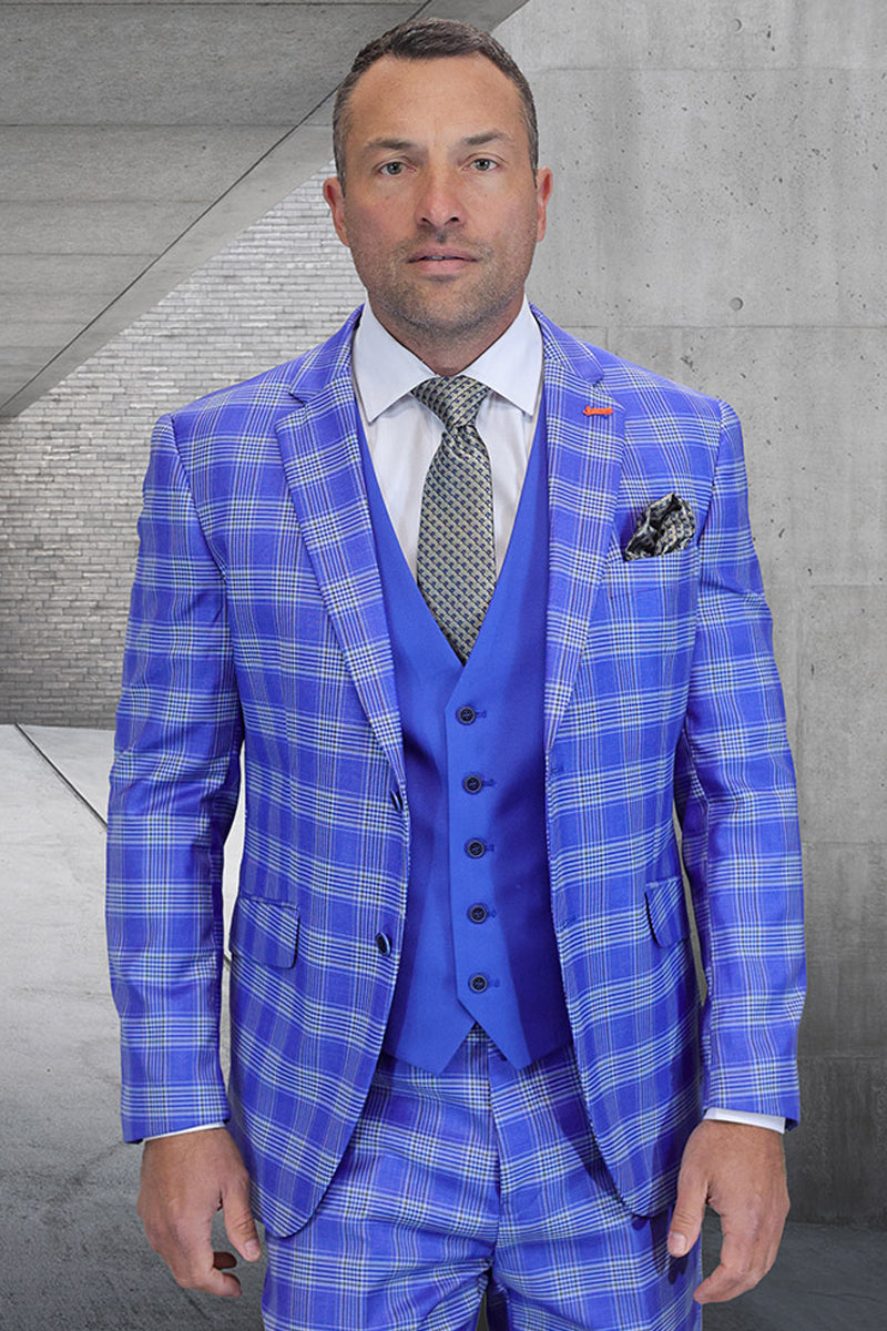 Men's Designer Modern Fit Wool Suit in French Blue Plaid with Contrasting Vest - 36 Short