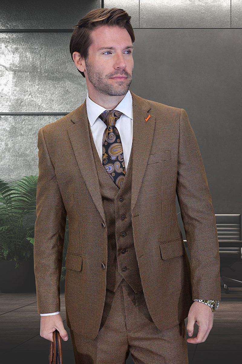 Men's Designer Vested Vintage Style Micro Plaid Wool Suit in Copper Brown - 36 Short
