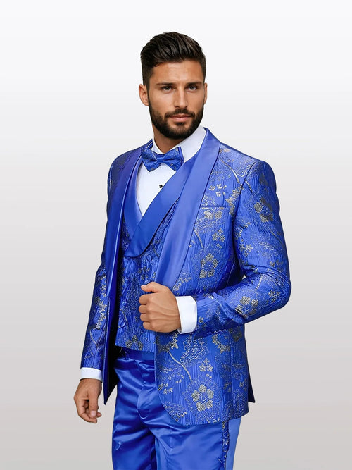 Statement Men's Royal Blue Patterned Vested Tuxedos with Bowtie
