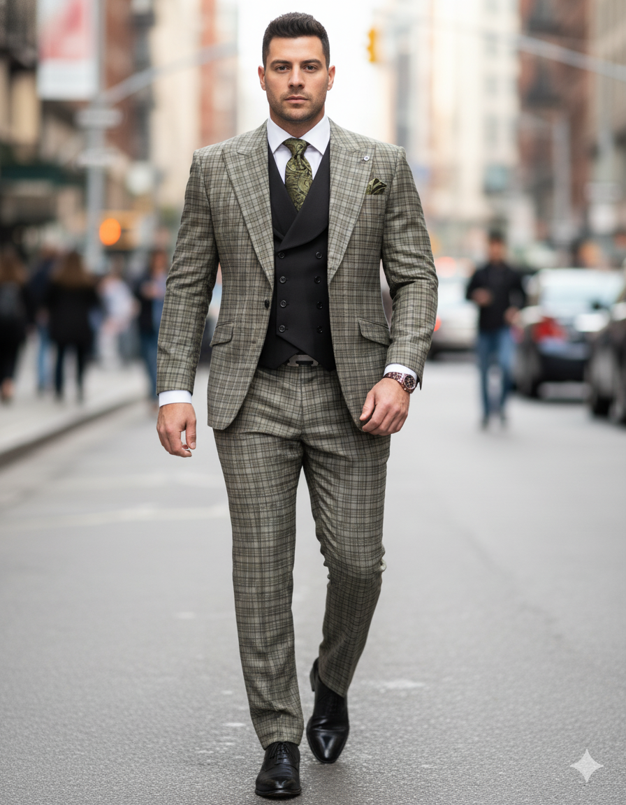 Statement Suits - Wool Suits - Peak Lapel Suits - Ticket Pocket - Modern Fit - Olive Suit - Coat Size 38
