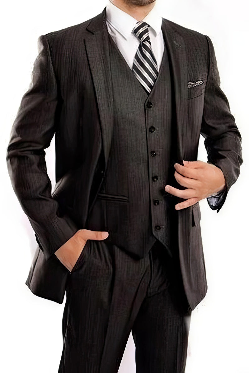 Mens Steel Navy 3 Piece Sharkskin Suit Single Breasted Notch Lapel Regular Fit - Coat Size 38