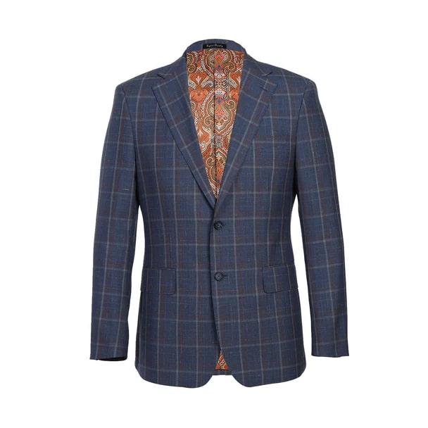 English Laundry Suits  Designer Brand - Wool Stretch with Linen Single Breasted Steel Blue and Orange Plaid Suit by English Laundry