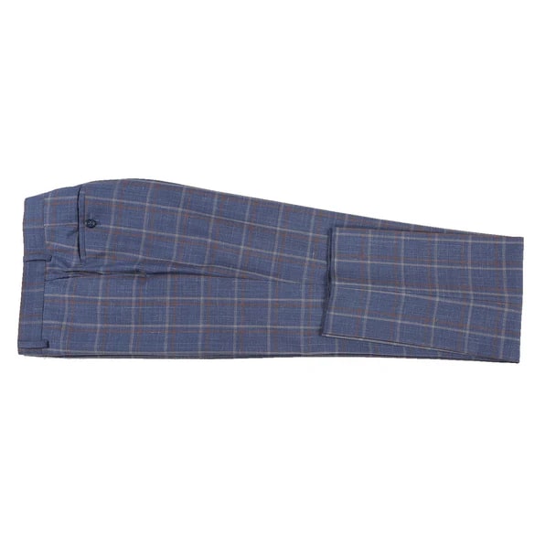 English Laundry Suits  Designer Brand - Wool Stretch with Linen Single Breasted Steel Blue and Orange Plaid Suit by English Laundry