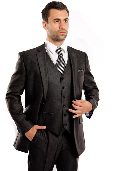 Cheap Priced Suit  - Men's Two Button Vested Textured Sharkskin Business Steel Navy Suit