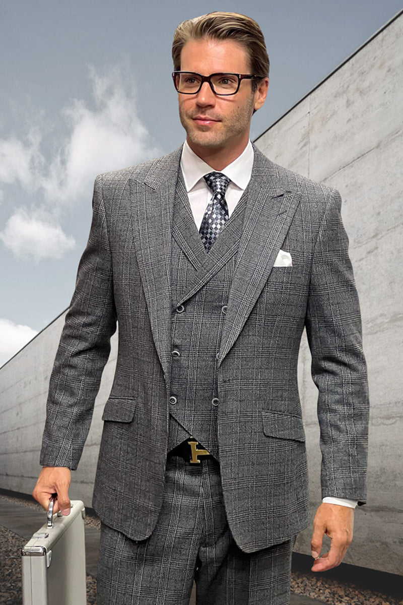 Men's Designer Wool Peak Lapel Suit in Muted Black Widowpane Plaid - 36 Short
