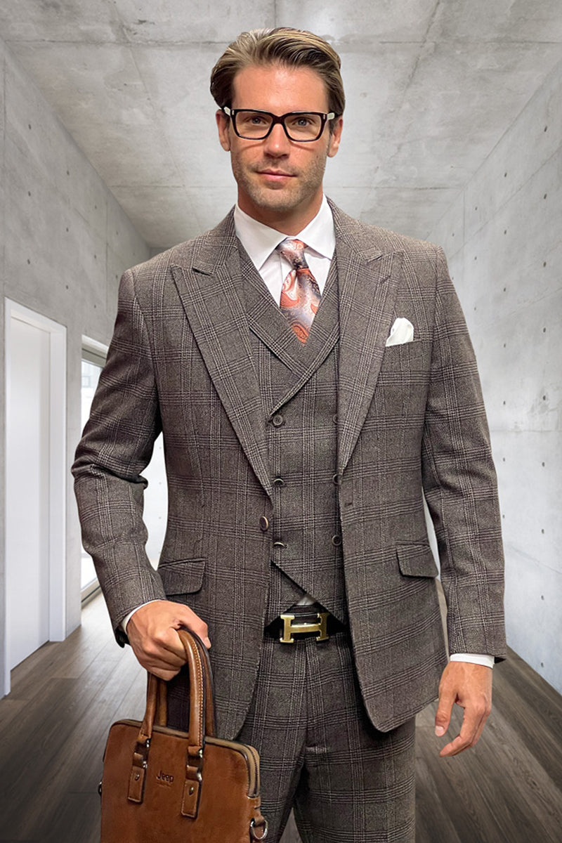 Men's Designer Wool Peak Lapel Suit in Muted Brown Widowpane Plaid - 36 Short