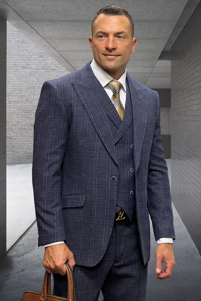 Men's Designer Wool Peak Lapel Suit in Muted Navy Blue Widowpane Plaid - 36 Short