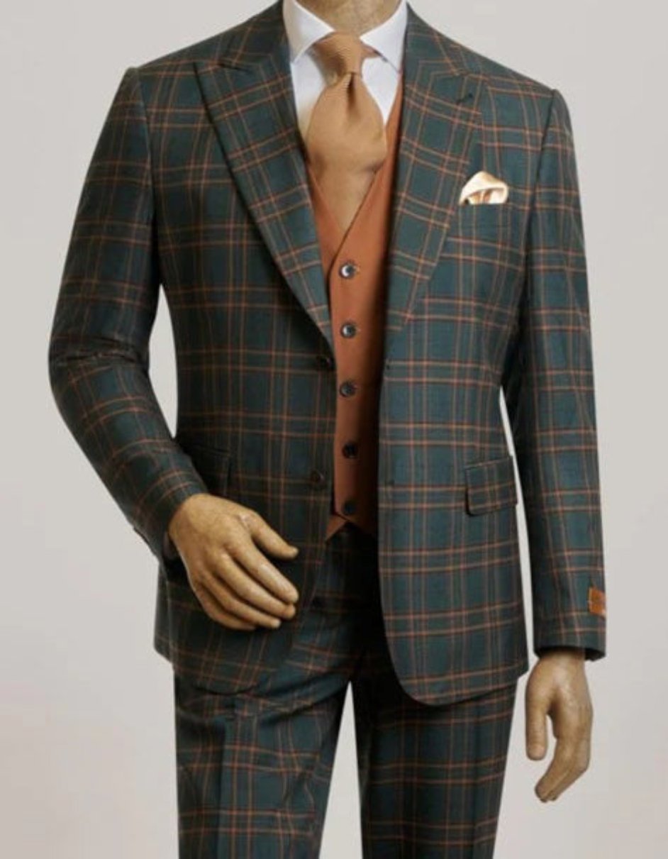 Mens Green Suit - Designer Brand Suit No Pleated Pants Modern Fit-New Designer Collection - 38 Long + 32 Waist(Adjust 2" Large and amp 4")