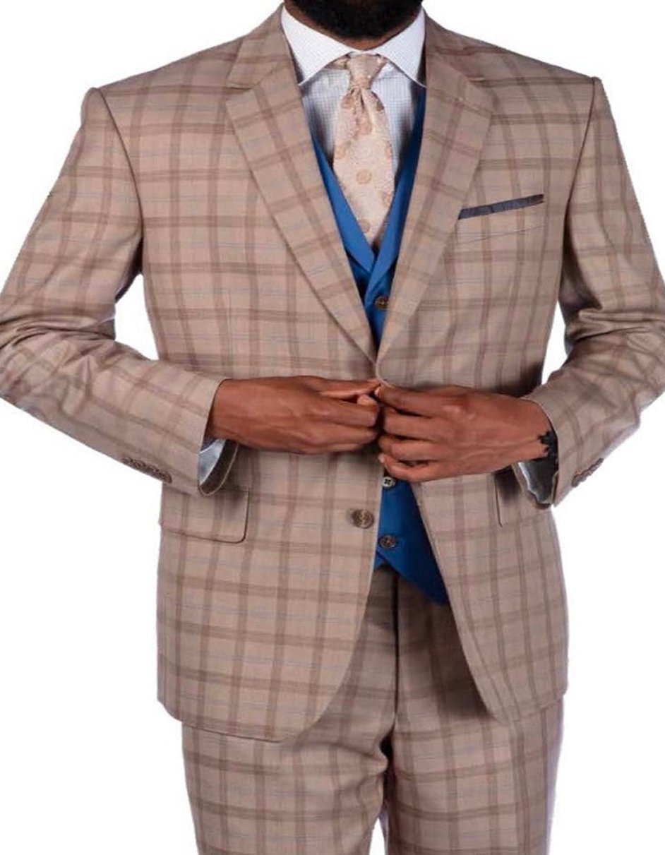 Mens 2 Button Notch Lapel Tan Plaid Suit - Coat Size 38