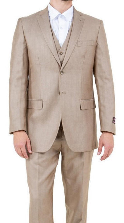 Mens Stone Tan Sharkskin 3 Piece Single Breasted Suit - Coat Size 38