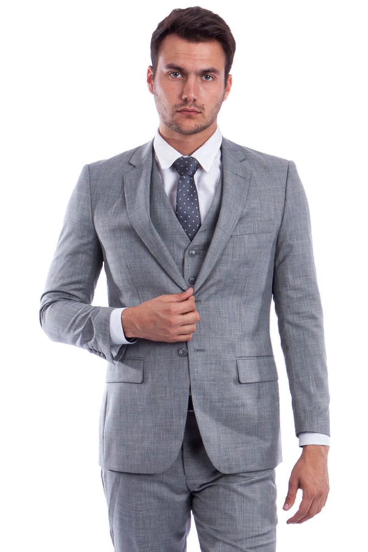 Cheap Suit - Men's Two Button Hybrid Fit Vested Sharkskin Wedding & Business Stone Grey Suit