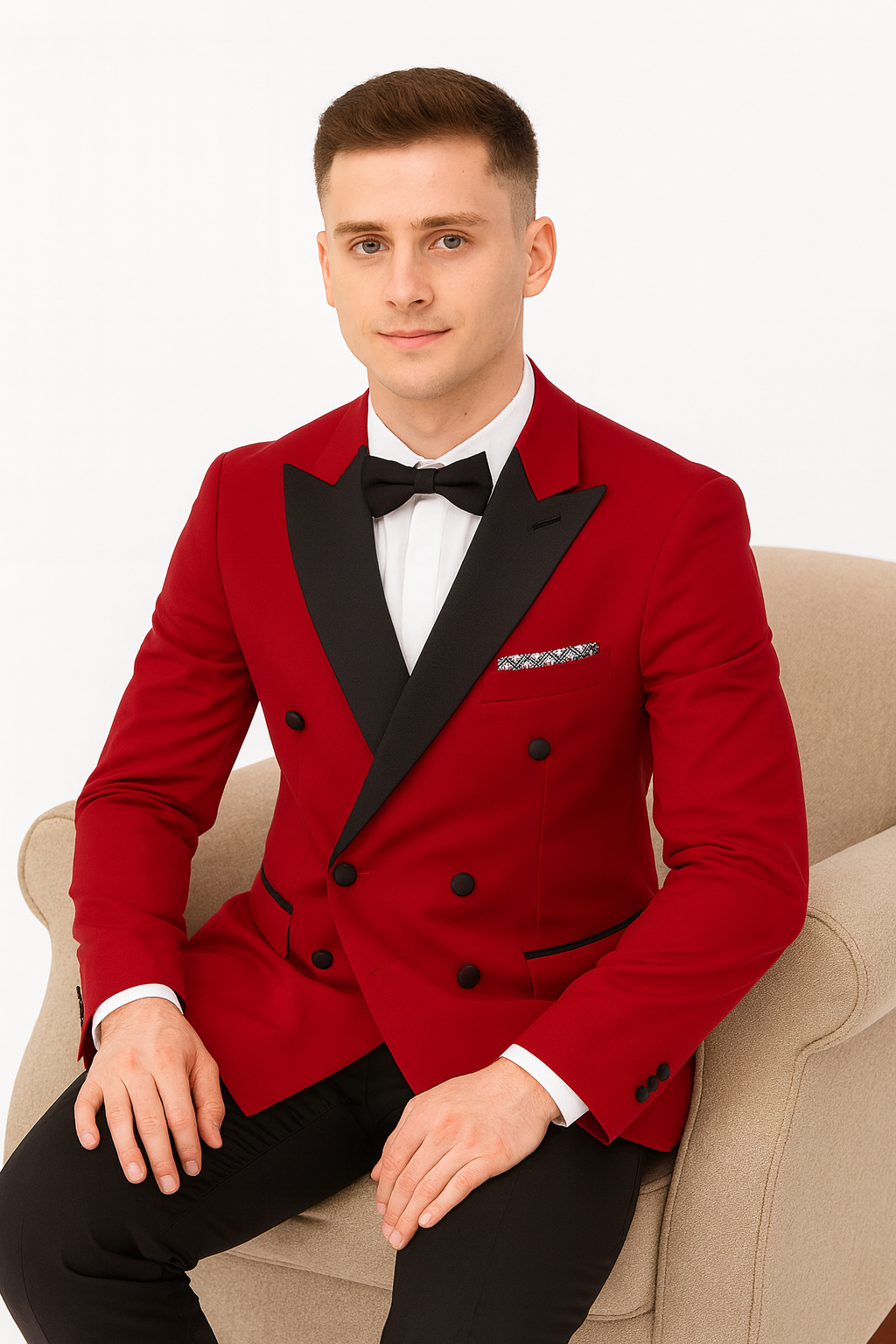 Double Breasted Tuxedo - Velvet Dinner Jacket with Pants in Color Red - Coat Size 38