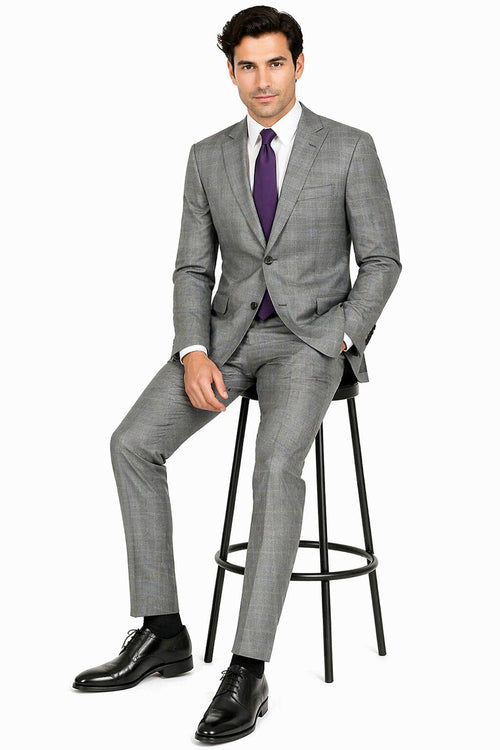 Mens 2 Button Peak Lapel Modern Plaid Suit in Grey