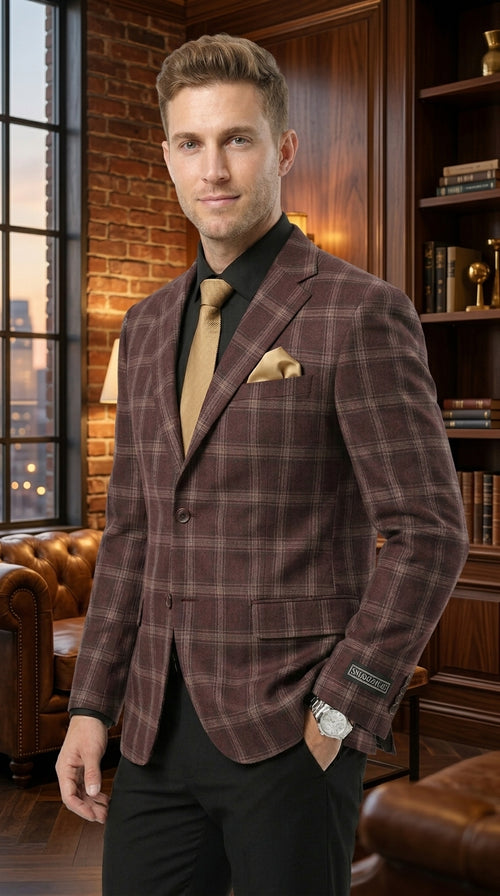 Stacy Adams Men’s Glen Plaid Hybrid Fit Sport Coat, Business Casual Blazer in Navy, Burgundy and Blue