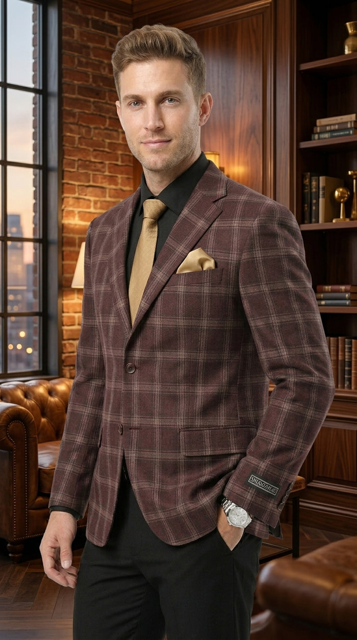 Stacy Adams Men’s Glen Plaid Hybrid Fit Sport Coat, Business Casual Blazer in Navy, Burgundy and Blue