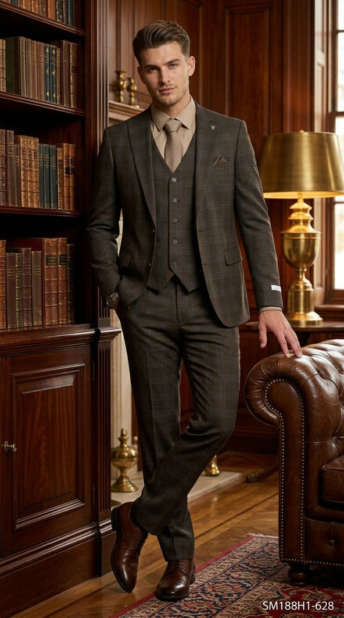 Stacy Adams Men’s 3 Piece Glen Check Hybrid Fit Suit, Formal Wedding Business Suit in Navy, Gray and Brown
