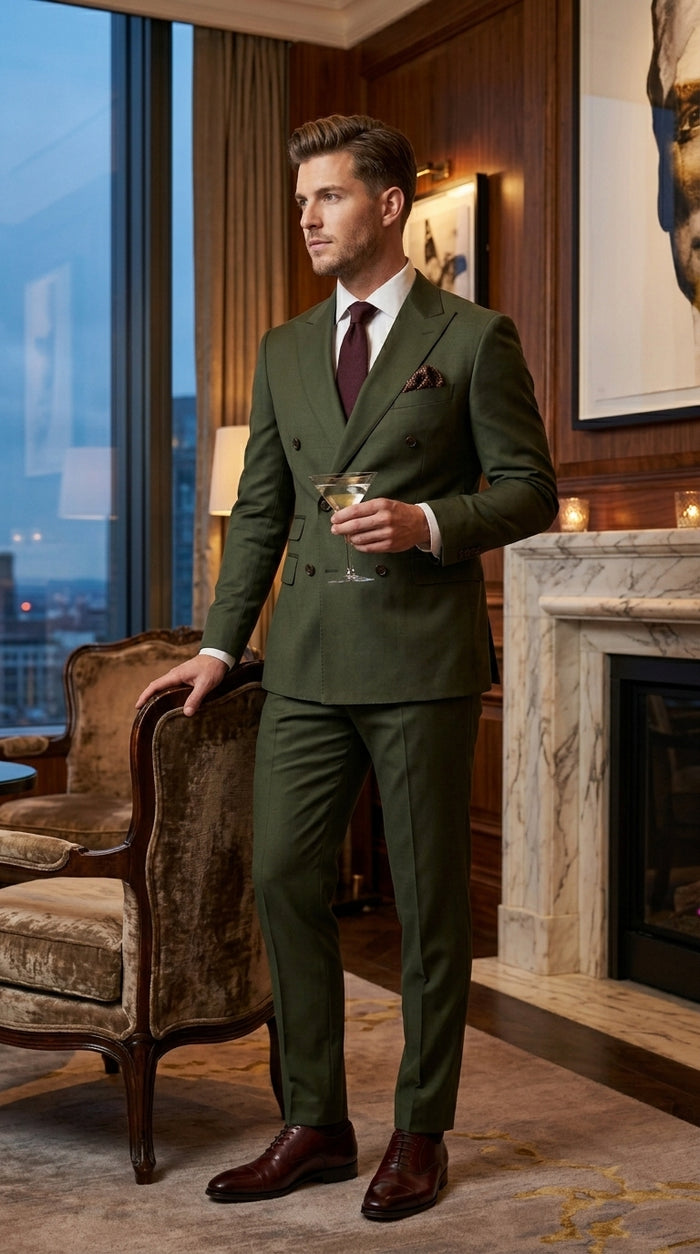 Men’s Dark Green Double Breasted Suit, Classic Formal Wedding Business Dress Suit