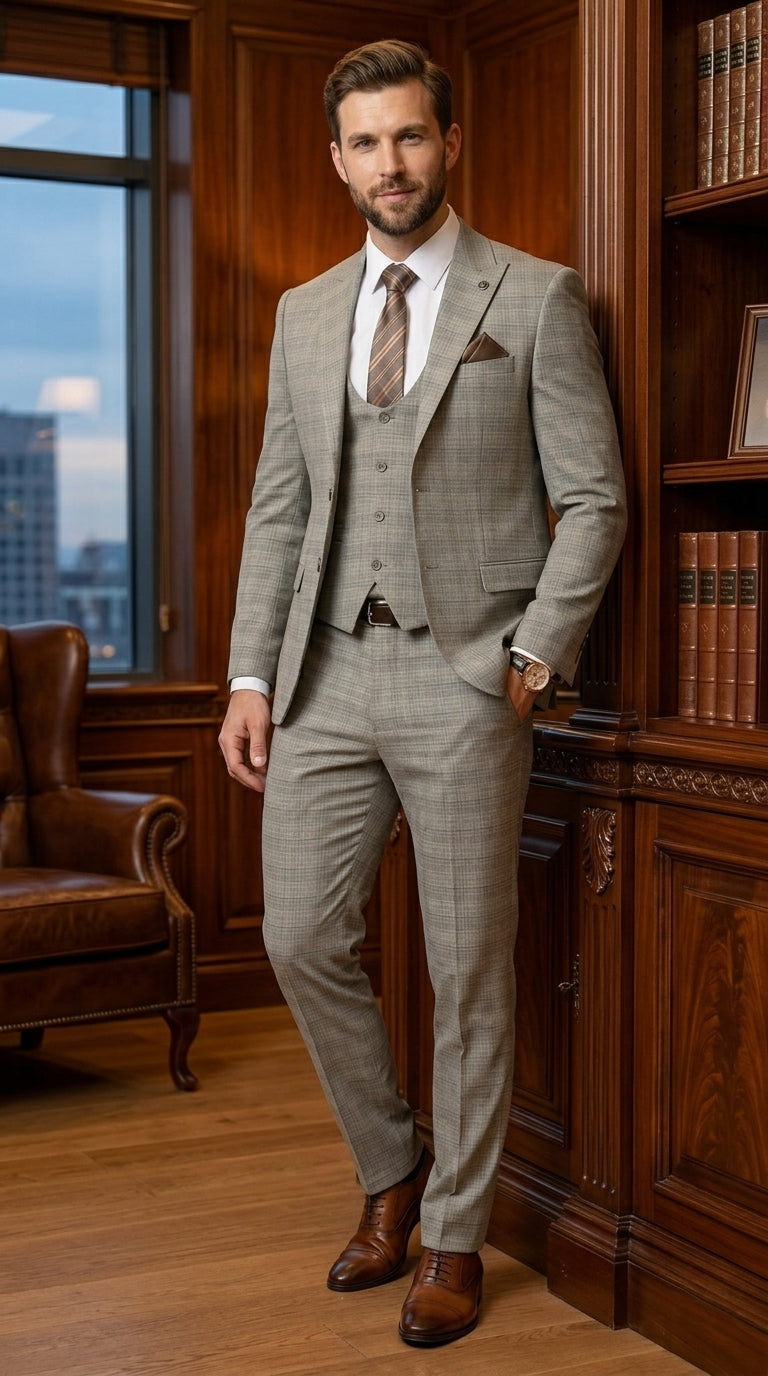 Men’s Khaki Glen Plaid Stacy Adams 3 Piece Suit, Two Button Peak Lapel Formal Wedding Suit Set