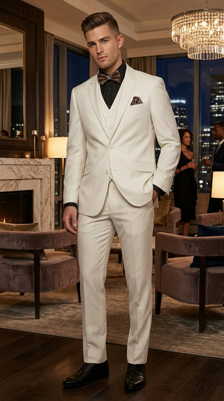 Men’s Off White 100% Wool Vested Suit, Solid Formal Wedding Prom 3 Piece Suit Set