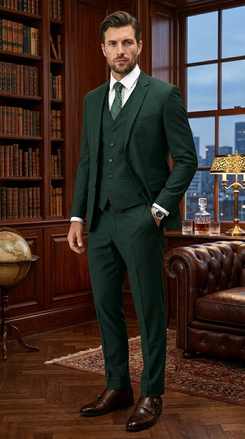 Men’s Hunter Green Vested Suit, Statement Formal Wedding Prom 3 Piece Suit Set