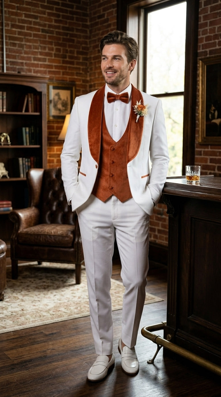 Men’s Cream Wedding Suit with Orange Contrast Shawl Lapel, Vested Groom Formal Suit Set