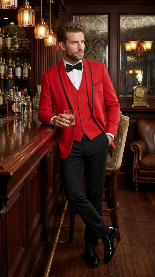 Statement Men’s Red 100% Wool Vested Tuxedo with Black Trim Fine Lapel, Wedding Prom Formal Suit Set