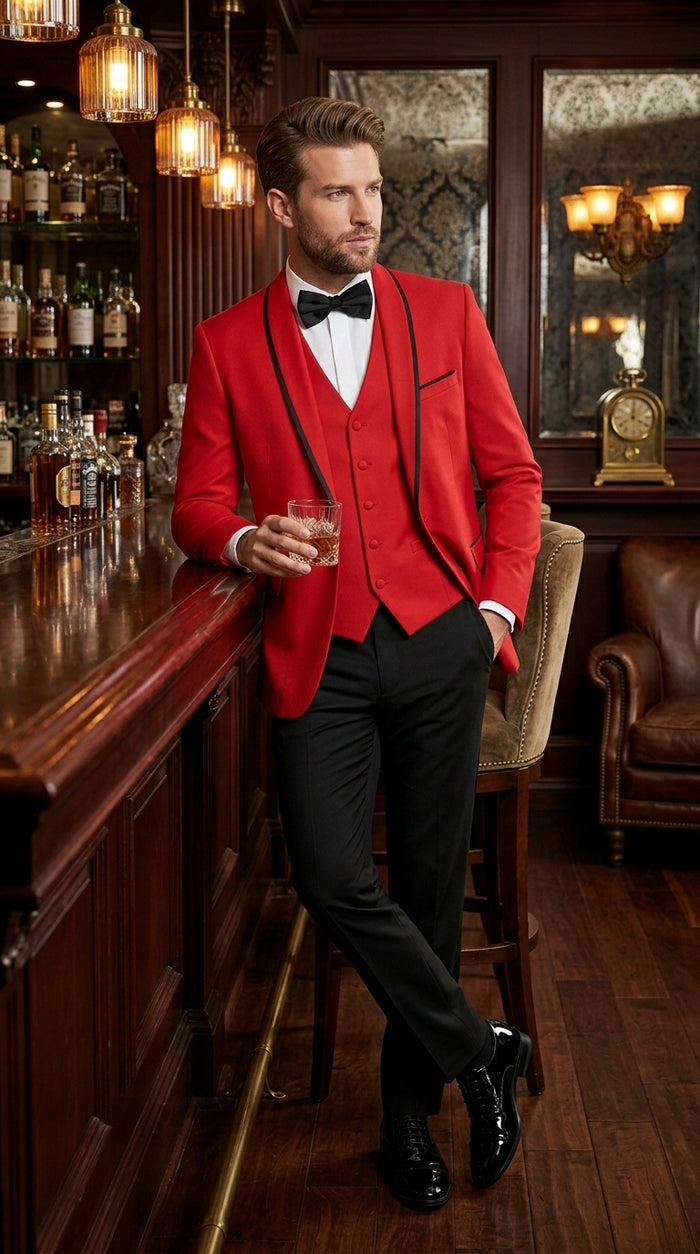 Statement Men’s Red 100% Wool Vested Tuxedo with Black Trim Fine Lapel, Wedding Prom Formal Suit Set