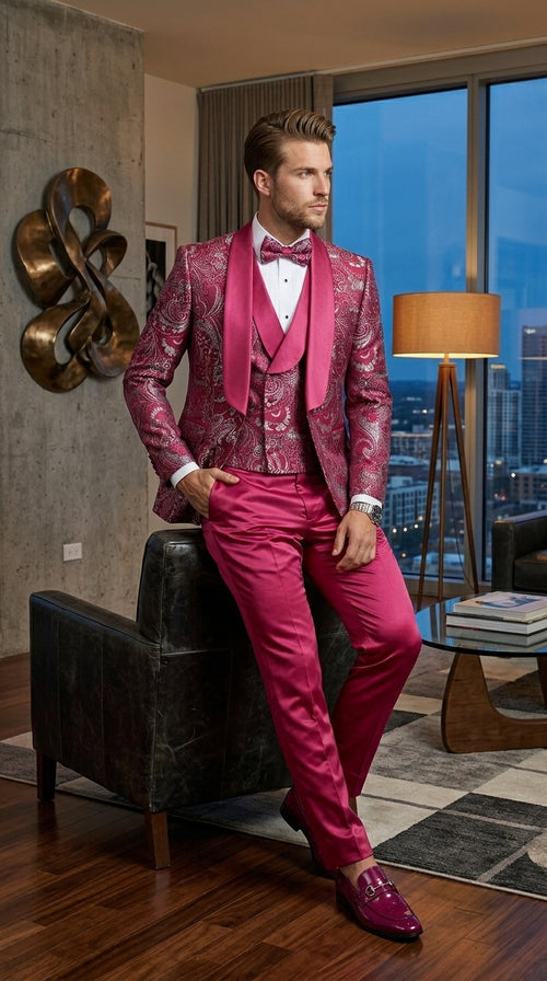 Statement Men’s Red Patterned Vested Tuxedo with Bowtie, Paisley Formal Wedding Prom Suit Set
