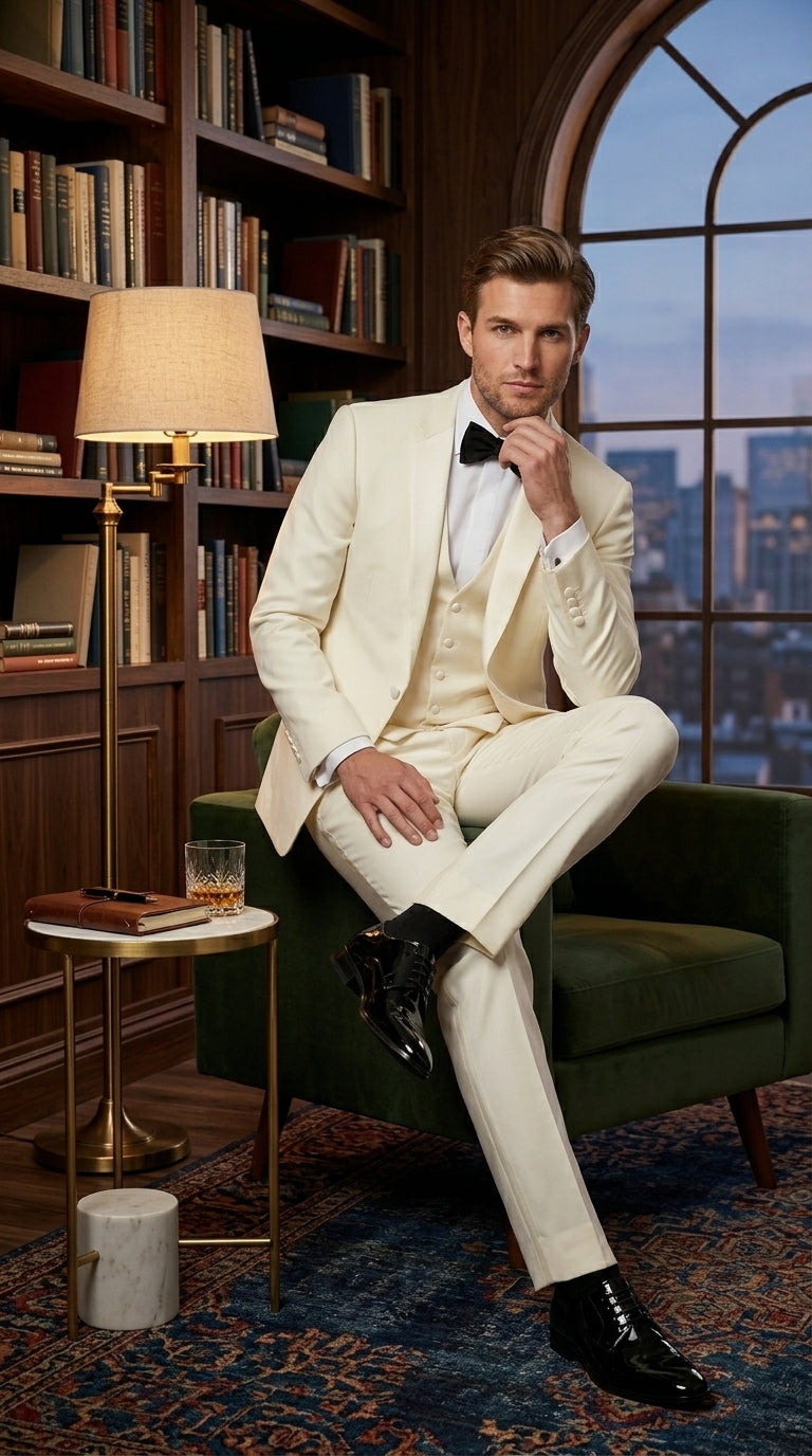 Statement Men’s Off White 100% Wool Vested Tuxedo with White Lapel, Wedding Prom Formal Suit Set